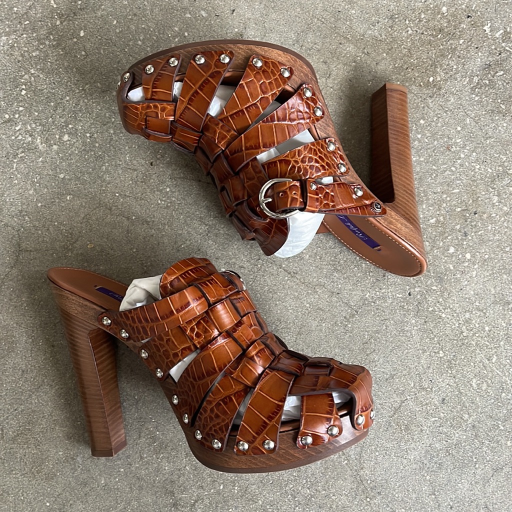Ralph Lauren Purple Label Woven Embossed Leather Heeled Clogs Size 39 / 9